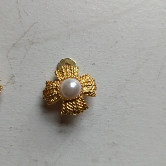 24K plated Braided Cross Pearl Studs - Picture 2 of 5